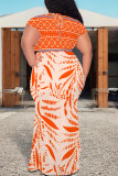 Sexy Geometric Print Gradient Lace Up Contrast V Neck Printed Plus Size Dresses