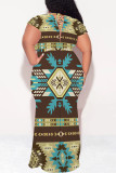 Casual National Totem Print Lace Up Contrast V Neck Printed Plus Size Dresses