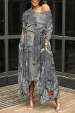Casual Street Faux Denim Print Pocket Irregular Contrast Oblique Collar Irregular Dresses