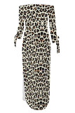 Sexy Leopard Print Lace Up Slit Contrast Off Shoulder Printed Dresses