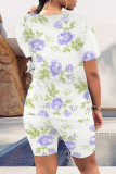 Casual Street Floral Print Stripe Contrast O Neck Short Sleeve Two Pieces