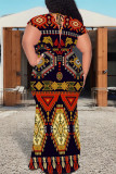 Casual National Totem Print Lace Up Contrast V Neck Printed Plus Size Dresses