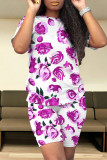 Casual Street Floral Print Stripe Contrast O Neck Short Sleeve Two Pieces