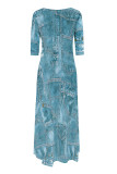 Casual Street Faux Denim Print Pocket Irregular Contrast Oblique Collar Irregular Dresses