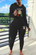 Casual Print Draw String Patchwork Hooded Long Sleeve Two Pieces
