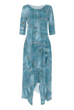 Casual Street Faux Denim Print Pocket Irregular Contrast Oblique Collar Irregular Dresses