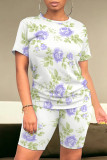 Casual Street Floral Print Stripe Contrast O Neck Short Sleeve Two Pieces