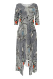 Casual Street Faux Denim Print Pocket Irregular Contrast Oblique Collar Irregular Dresses