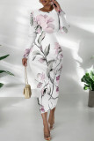 Elegant Floral Print Contrast O Neck Printed Dresses