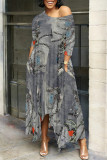 Casual Street Faux Denim Print Pocket Irregular Contrast Oblique Collar Irregular Dresses