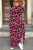 Sexy Leopard Print Lace Up Slit Contrast Off Shoulder Printed Dresses