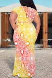 Sexy Geometric Print Gradient Lace Up Contrast V Neck Printed Plus Size Dresses