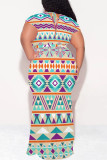 Casual National Totem Print Lace Up Contrast V Neck Printed Plus Size Dresses