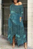 Casual Street Faux Denim Print Pocket Irregular Contrast Oblique Collar Irregular Dresses