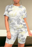 Casual Street Floral Print Stripe Contrast O Neck Short Sleeve Two Pieces