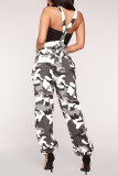 Casual Camouflage Print Draw String Pocket Patchwork Spaghetti Strap Jumpsuits