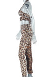 Sexy Leopard Print Patchwork Backless Halter Two Pieces