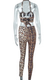 Sexy Leopard Print Patchwork Backless Halter Two Pieces