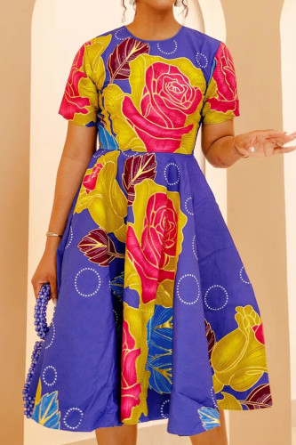 Casual Print Patchwork Zipper O Neck A Line Plus Size Dresses