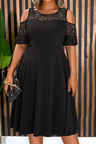 Casual Solid Color Lace Hollow Out Patchwork O Neck Long Plus Size Dresses