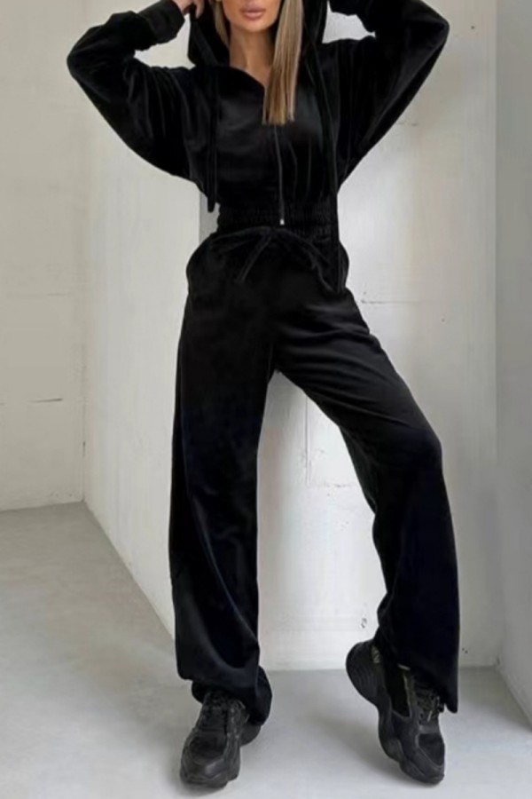 Casual Solid Color Zipper Hooded Long Sleeve Two Pieces