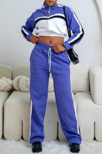 Casual Patchwork Contrast Zipper Collar Long Sleeve Two Pieces
