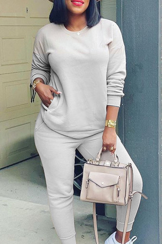 Casual Solid Color Pocket Patchwork O Neck Long Sleeve Two Pieces