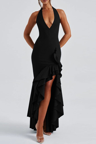Elegant Solid Color Patchwork Backless Ruffled Trim Halter Irregular Dresses