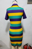Casual Colorblock Buttons Patchwork Turndown Collar Wrapped Skirt Dresses