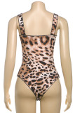 Sexy Leopard Print Patchwork Backless Spaghetti Strap Skinny Bodysuits