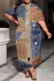Casual Street Faux Denim Print Pocket O Neck Printed Plus Size Dresses