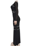 Casual Patchwork Mesh Hot Drill Zipper O Neck Long Dresses