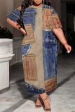 Casual Street Faux Denim Print Pocket O Neck Printed Plus Size Dresses
