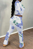Casual Street Floral Print Contrast O Neck Long Sleeve Two Pieces