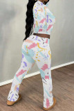 Casual Street Floral Print Tie Dye Contrast O Neck Long Sleeve Two Pieces