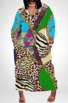 Casual Snakeskin Print Leopard Pocket Contrast V Neck Printed Plus Size Dresses