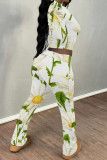 Casual Street Floral Print Contrast O Neck Long Sleeve Two Pieces