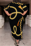 Casual Chain print Pocket Contrast O Neck Printed Plus Size Dresses
