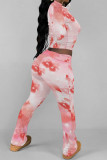 Casual Street Floral Print Tie Dye Contrast O Neck Long Sleeve Two Pieces