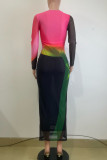 Casual Print Patchwork Contrast O Neck Long Dresses