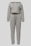 Casual Solid Color Draw String Pocket Patchwork Hooded Long Sleeve Two Pieces