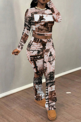 Casual Street Tie Dye Letters Chain print Contrast O Neck Long Sleeve Two Pieces