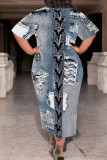 Casual Street Faux Denim Print Pocket O Neck Printed Plus Size Dresses