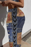 Casual Street Faux Denim Print Contrast Skinny High Waist Full Print Bottoms