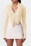 Casual Solid Color Fringed Trim Patchwork V Neck Tops