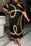 Casual Chain print Pocket Contrast O Neck Printed Plus Size Dresses
