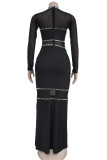 Casual Patchwork Mesh Hot Drill Zipper O Neck Long Dresses