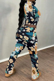 Casual Street Floral Print Contrast O Neck Long Sleeve Two Pieces