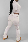 Casual Street Floral Print Tie Dye Contrast O Neck Long Sleeve Two Pieces