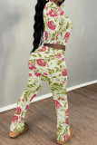 Casual Street Floral Print Tie Dye Contrast O Neck Long Sleeve Two Pieces